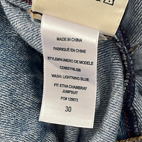 Alice + Olivia Distressed Etha Chambray Denim Jumpsuit - Tie Waist - Blue - 30 - Picture 12 of 12